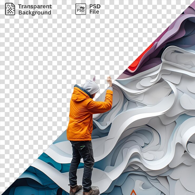 PSD premium de artista callejero 3d creando un mural en una pared colorida con una chaqueta amarilla y naranja y pantalones azules y negros con un zapato marrón visible en primer plano