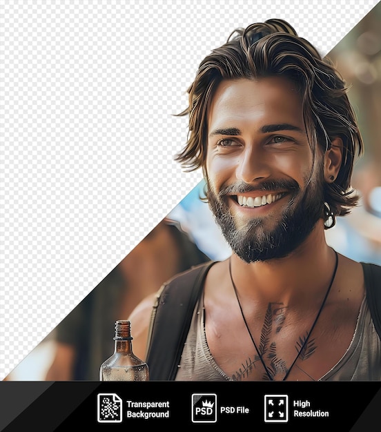 PSD premium de buen humor un hombre con barba negra y cabello marrón se para junto a una botella de vidrio con una camisa negra y marrón y un collar negro sus ojos marrones abiertos y nariz grande son png