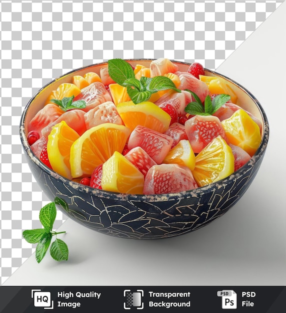 PSD premium de cuenco de es buah para romper el ayuno de ramadán con naranjas cortadas y hojas verdes en un fondo transparente