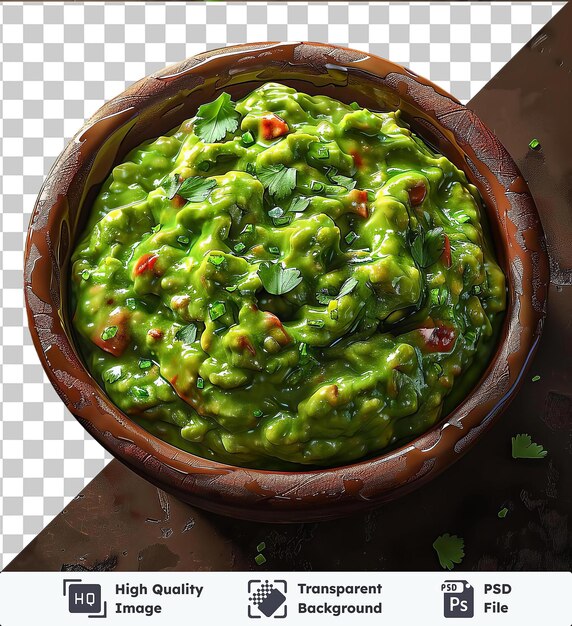 Premium de un cuenco de guacamole en una mesa marrón