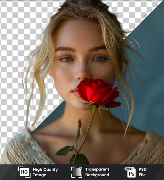 PSD premium de alta qualidade psd close up de loira muito bonita mulher que joga toca e cheira uma rosa vermelha em um estúdio fotográfico