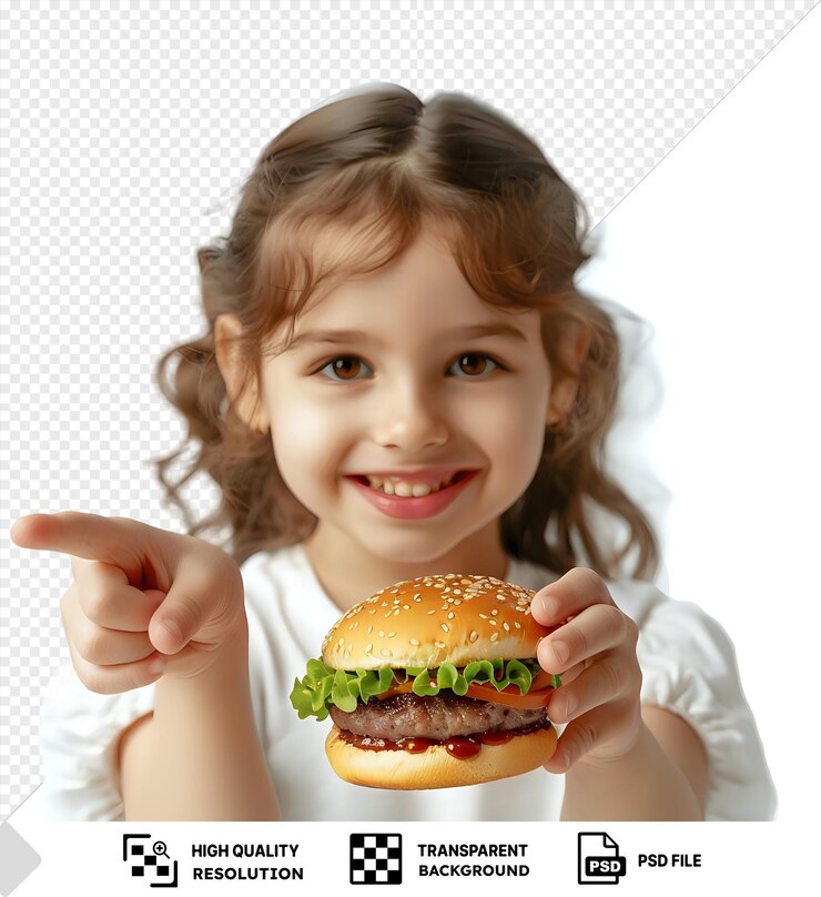 PSD premium de colagem vertical braço ponto de dedo segurar impressionado pequena garota gama preto branco sentar grande hambúrguer em vez de png hora de dormir