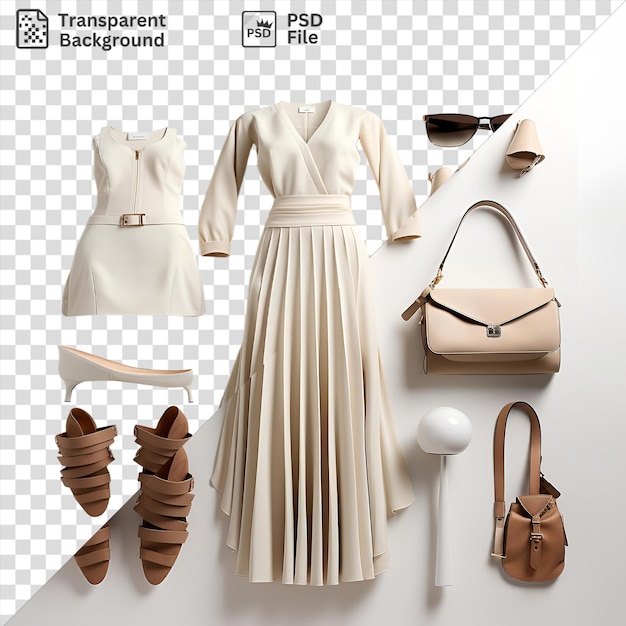 PSD premium de coleção de passarela de alta moda de luxo com um vestido branco sandálias castanhas e óculos de sol pretos exibidos contra uma parede branca