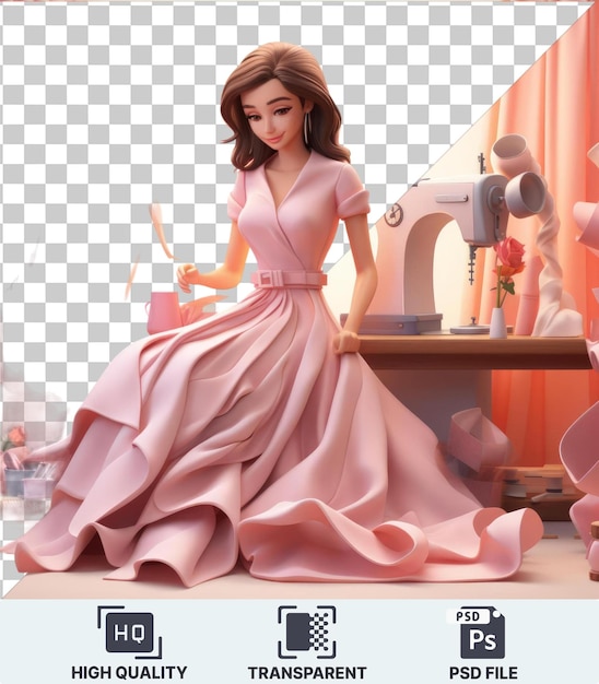 PSD premium de desenho animado de alfaiate 3d costurando um vestido