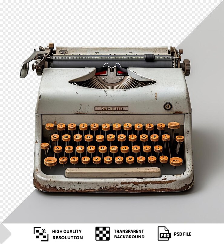 PSD premium de escritores fotográficos realistas processo de escrita capturado em uma velha máquina de escrever com um pássaro preto e branco empoleirado nas teclas com uma sombra escura no fundo
