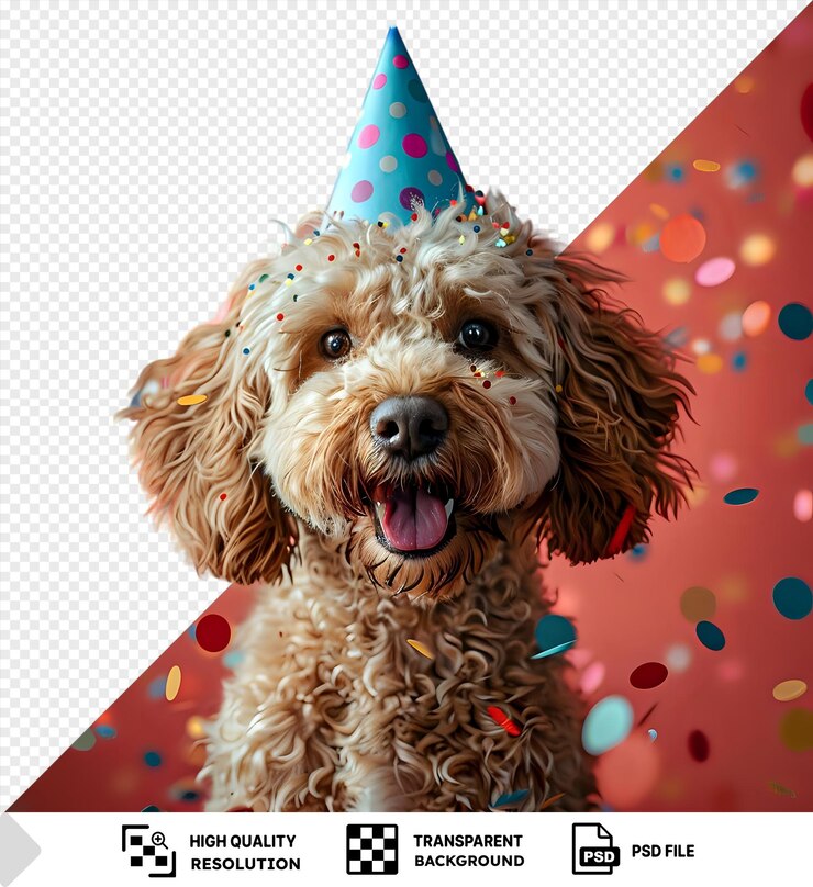 PSD premium de feliz lindo labradoodle cão vestindo um chapéu de festa celebrando em uma festa de aniversário cercado por confeti caindo png psd