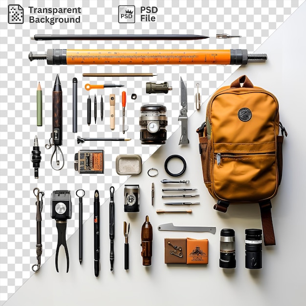 PSD premium de ferramentas e suprimentos de arte de rua montados em um fundo transparente, incluindo um saco castanho, caneta preta, câmera preta e caneta laranja com um logotipo preto no fundo