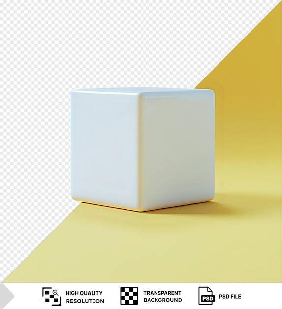 PSD premium de maquete de um objeto quadruplo branco em um fundo amarelo com uma caixa branca e sombra no primeiro plano png psd