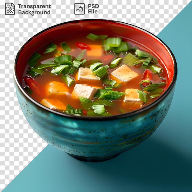 PSD premium de sopa de miso em uma tigela azul em uma mesa azul