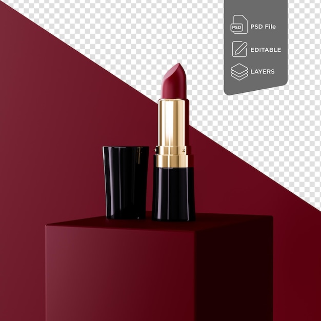 PSD premium deep red lippenstiftprodukt auf quadratischer bühne auf isoliertem hintergrund lippenstift 3d-illustration