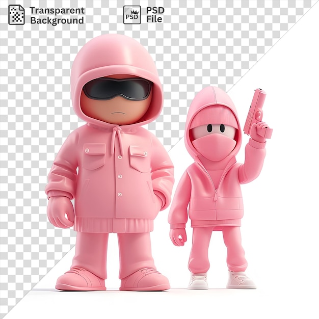 PSD premium de dessin animé de kidnappeur 3d prenant une pose d'otage avec une arme portant un casque rose et des lunettes de soleil noires tout en tenant un jouet rose la scène est placée sur un fond de jambes roses et