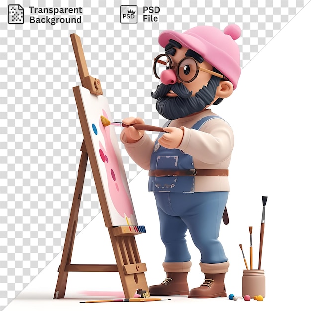 PSD premium de dessin animé de peintre 3d créant un chef-d'œuvre sur une toile avec un chevalet en bois portant un chapeau rose visage noir et ceinture brune tout en tenant un jouet et portant des bottes brunes