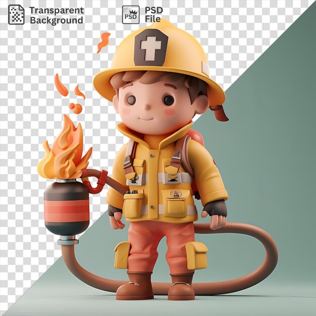 PSD premium de dessin animé de pompier 3d éteignant un incendie avec un tuyau d'incendie portant un chapeau jaune et un pantalon orange tout en tenant un jouet et avec un œil noir visible en arrière-plan