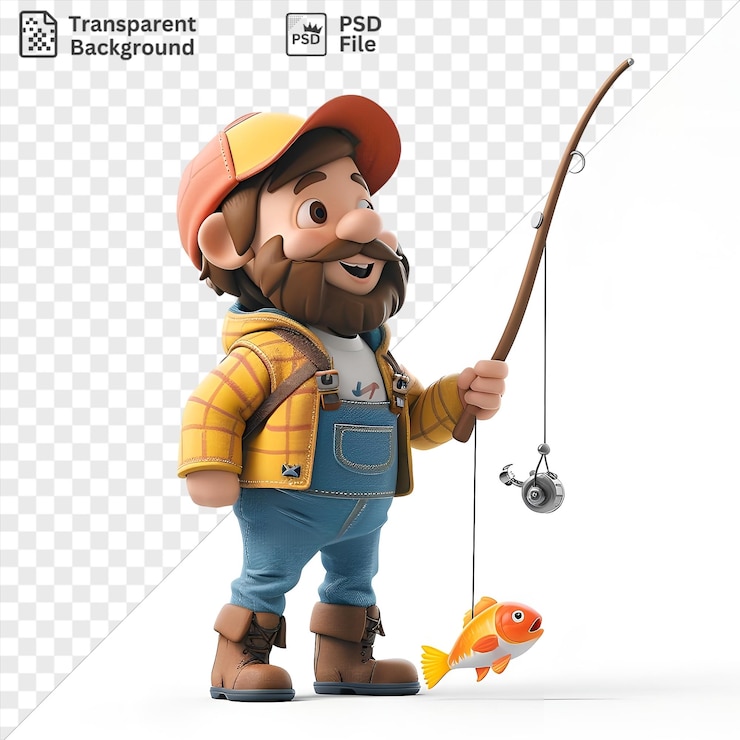 PSD premium di cartone animato di pescatore 3d che cattura pesci con una canna da pesca indossando un cappello arancione e stivali marroni mentre tiene in mano un pesce giocattolo e un pesce giallo e arancione con una mano visibile in primo piano