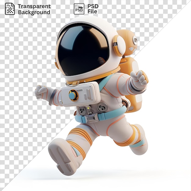 Premium de dibujos animados de astronautas 3d flotando en gravedad cero sosteniendo un juguete blanco con un brazo blanco visible en primer plano