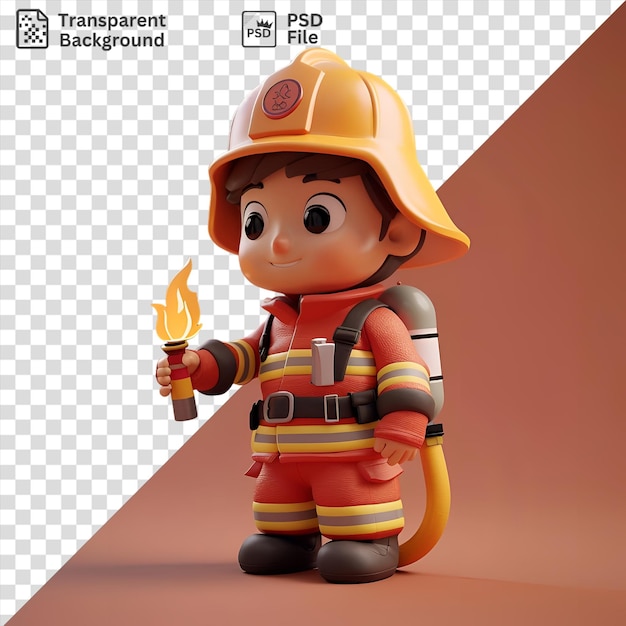 PSD premium de dibujos animados de bomberos 3d extinguiendo llamas con un extintor de incendios con un casco amarillo y cinturón negro con un juguete y un ojo negro visible en el fondo