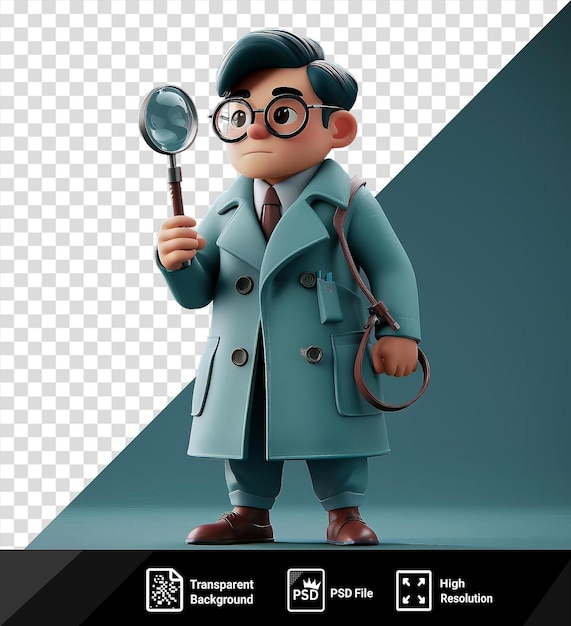PSD premium de dibujos animados de detectives 3d investigando un crimen con una lupa usando un abrigo azul corbata marrón y gafas negras mientras sostiene un juguete y una mano en primer plano png psd