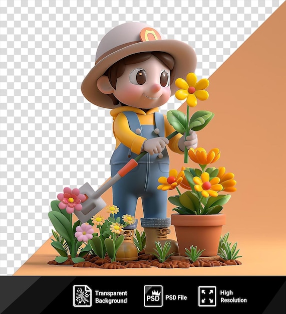 Premium de dibujos animados de jardinero 3d plantando flores coloridas en ollas naranjas y marrones con un sombrero marrón y marrón con una mano gris visible en primer plano png psd