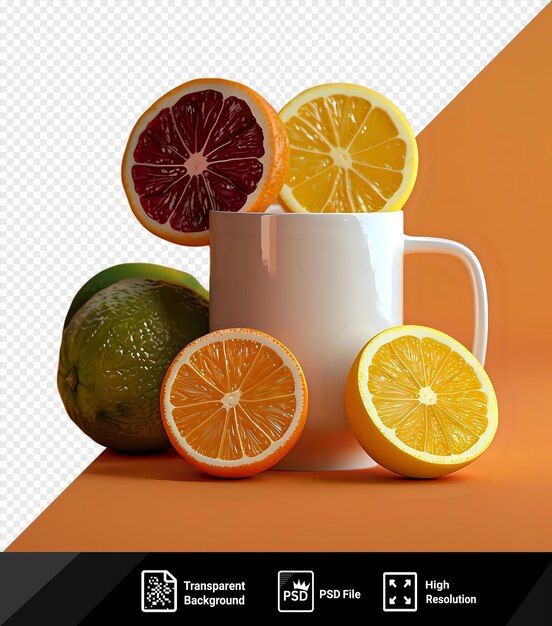 Premium de diversos cítricos crudos y tazas que incluyen naranjas limones y limas están dispuestos en una mesa con un mango blanco visible en el fondo png