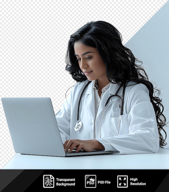 premium de una doctora de cabello oscuro sentada en la computadora portátil y analizando los resultados de la resonancia magnética png psd