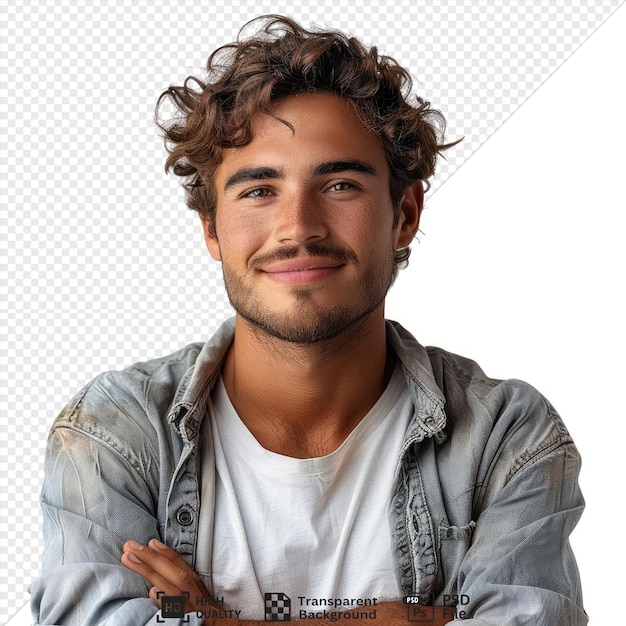 PSD premium de encantador guapo joven guapo en ropa casual manteniendo los brazos cruzados y sonriendo mientras está aislado en un fondo transparente