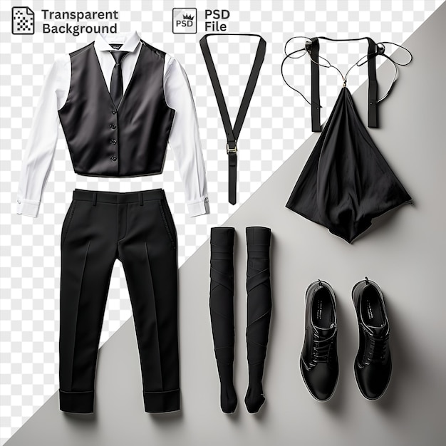 Premium de equipo de ballet y baile profesional expuesto en una pared blanca con zapatos negros una corbata negra y una camisa negra y blanca con un paraguas negro en el fondo