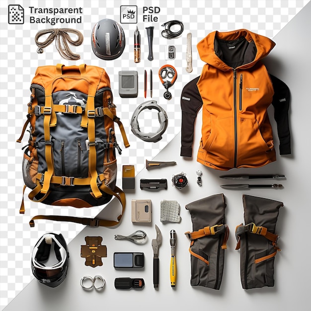 PSD premium de equipo de escalada en roca de alto rendimiento montado en un fondo transparente con una mochila negra y naranja un teléfono gris y plateado una cámara plateada y gris y un negro y