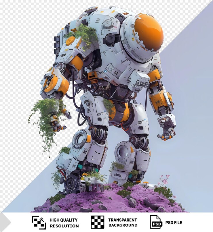 PSD premium de un explorador robótico aventurándose en territorios inexplorados y descubriendo secretos antiguos con un cielo azul claro y un juguete blanco en el fondo