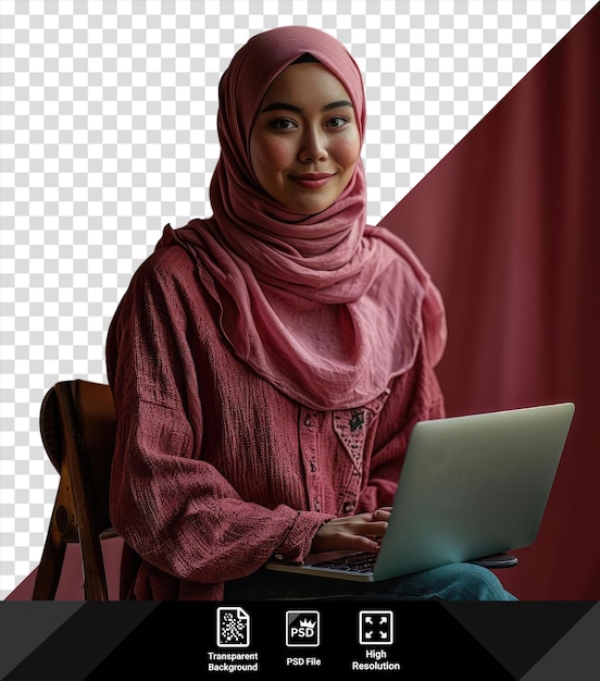 premium de feliz hijab asiático sentada en una silla con su portátil
