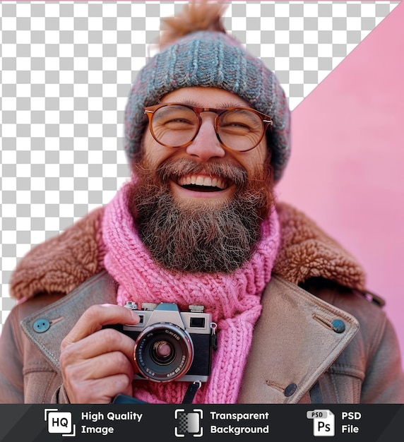 PSD premium feliz hombre barbudo en traje de moda sonriendo y tomando fotos con una pequeña cámara de fotografía con una bufanda rosa y gafas marrones con una barba marrón y nariz grande contra un rosa