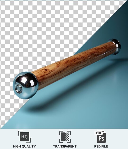 PSD premium-foto eines hölzernen baseballschlägers mit einem silbernen ball auf einem blauen hintergrund, der einen schwarzen schatten wirft
