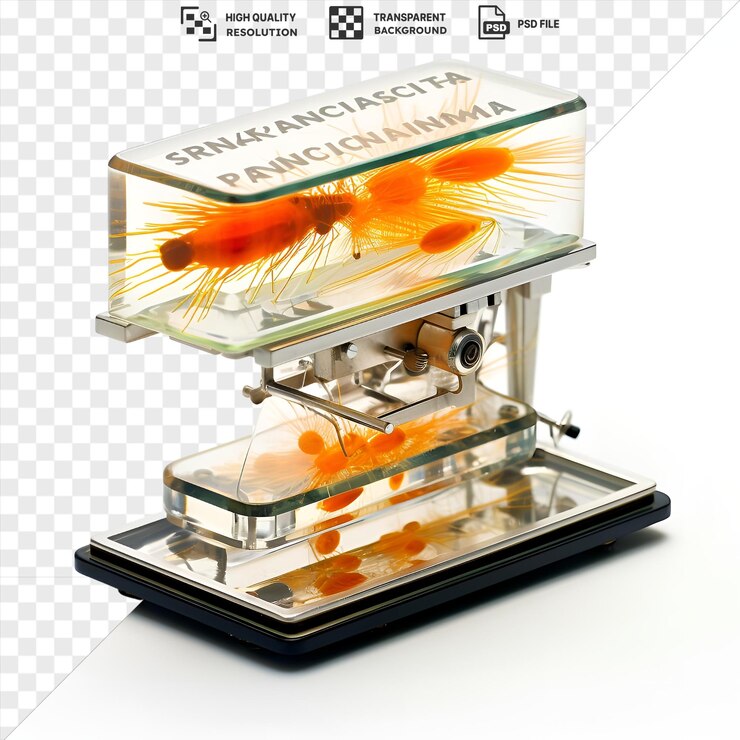 PSD premium de fotografías realistas zooplancton investigadores diapositivas de microscopio en un fondo transparente acompañado de un pez naranja