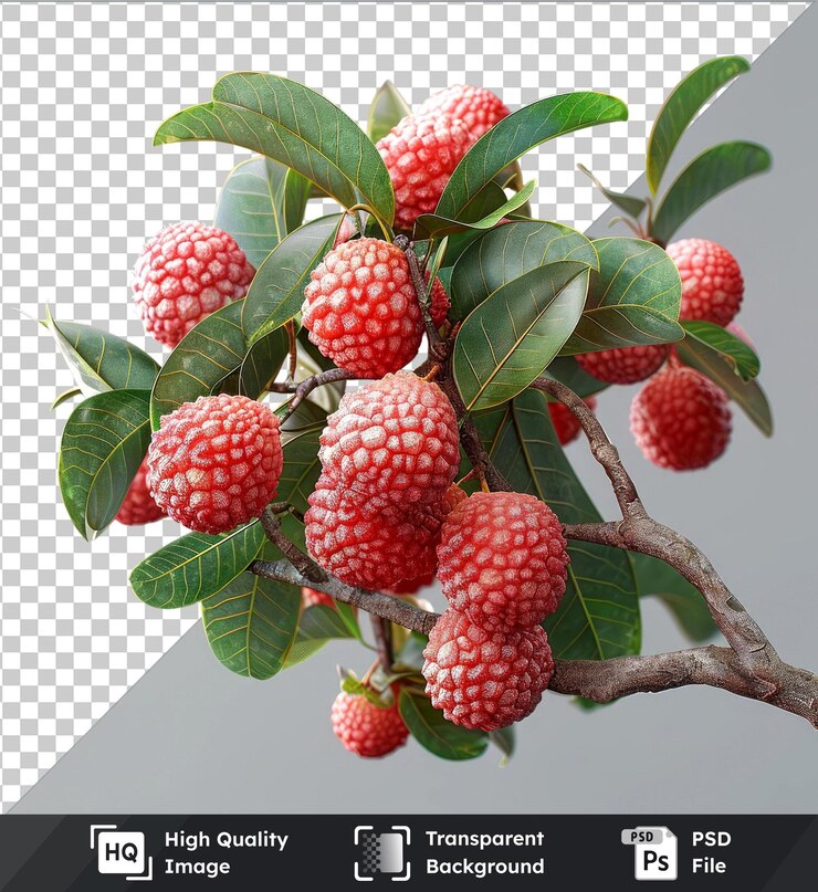 PSD premium de frutos de lychee psd de alta calidad colgados de una rama de árbol adornada con hojas verdes exuberantes