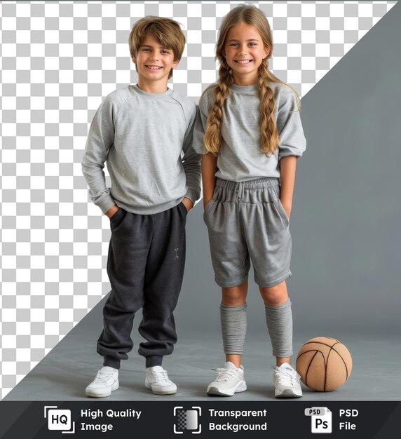 PSD premium full-length-bild von süß lächelndem jungen und mädchen in sportbekleidung, die zusammen stehen, isoliert auf grauem kinder-sportkonzept