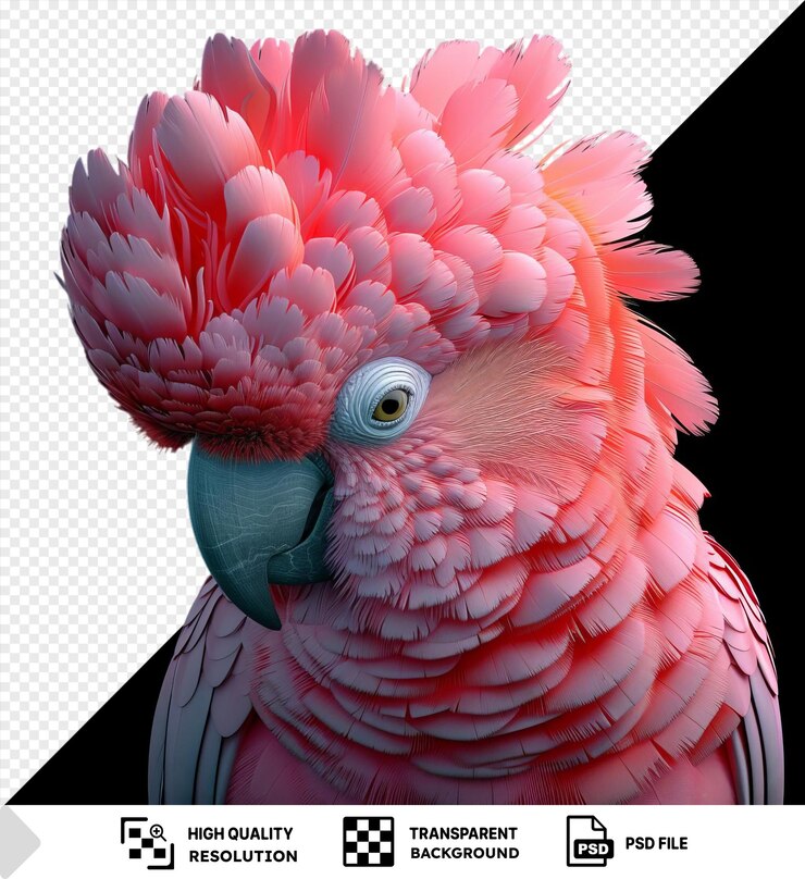 PSD premium de galah de dibujos animados en 3d arreglando sus plumas con una pluma rosada y un pico verde y azul mientras que una flor rosada agrega un toque de color a la escena