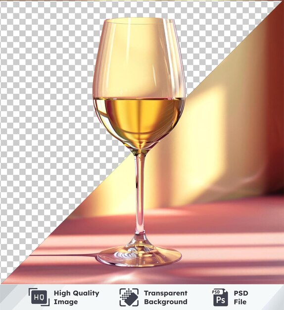 PSD premium-glas mit weißem wein, das ein modell auf einem rosa tisch gegen eine weiße wand füllt