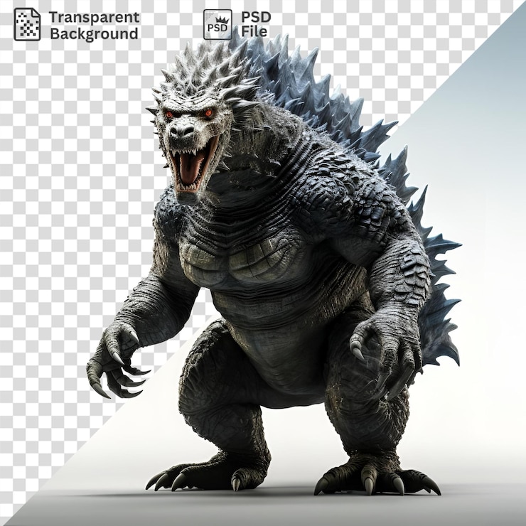 PSD premium de una godzilla gris con la boca abierta se encuentra contra un cielo azul claro con un pie negro visible en primer plano