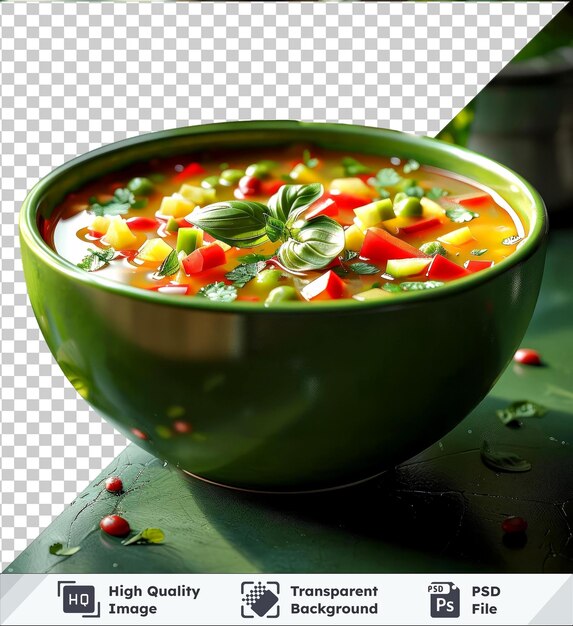 PSD premium green chile stew in a green bowl sits on a wooden table against a green wall casting a dark shadow