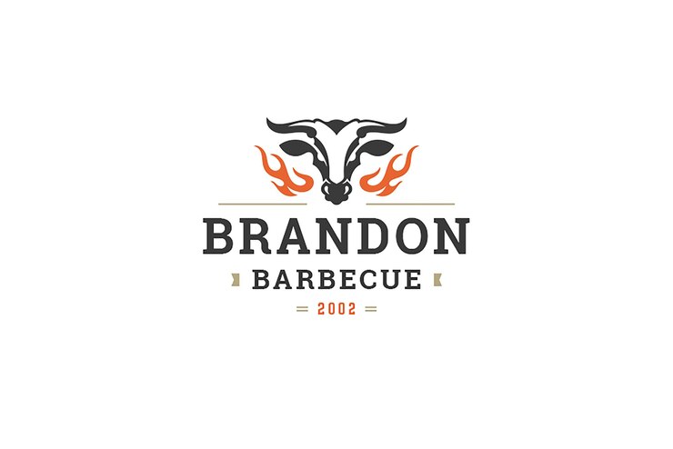 PSD premium-grill-restaurant minimalistische logo-design-vorlage stierkopf und brennende flamme