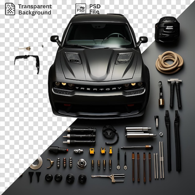 PSD premium de herramientas de afinación de automóviles de alto rendimiento establecidas en una mesa negra con una cámara negra, una llave de plata y oro y una pistola negra