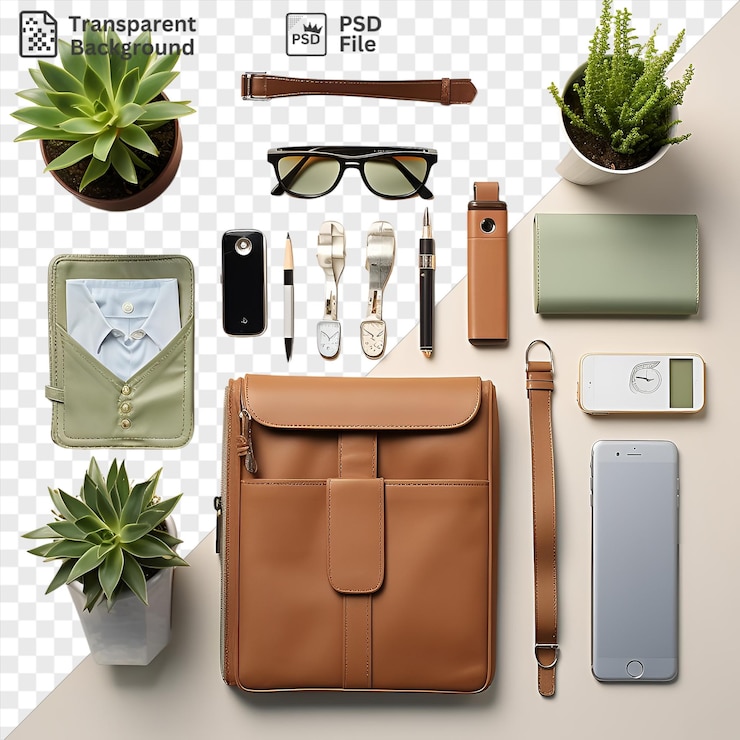 PSD premium de herramientas profesionales de planificación de eventos establecidas en un fondo transparente con una planta verde gafas negras y una bolsa marrón