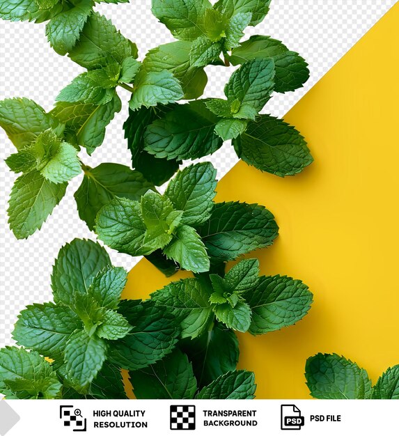 PSD premium de hojas verdes frescas de menta menta de pimienta vista superior espacio de copia hojas de menta crudas frescas camino de recorte en fondo amarillo png