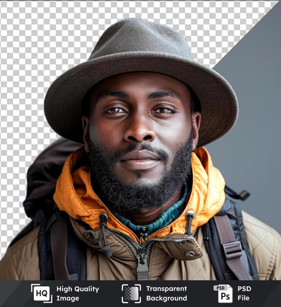 PSD premium d'un homme aventureux avec chapeau sac à dos barbe noire et caractéristiques distinctives se tient