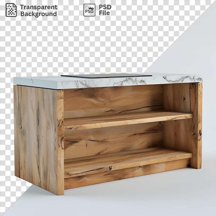 PSD premium de isla de cocina con estantería de madera y telón de fondo de pared blanco