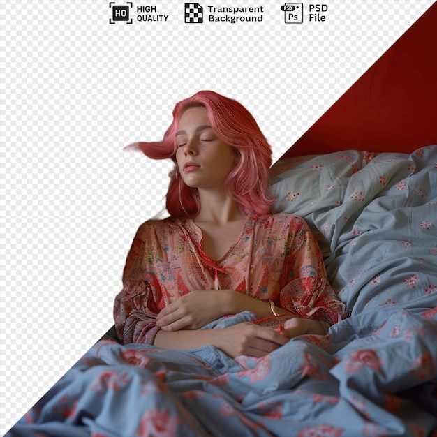 PSD premium d'une jeune fille aux cheveux roses dans le lit qui a l'air endormi png