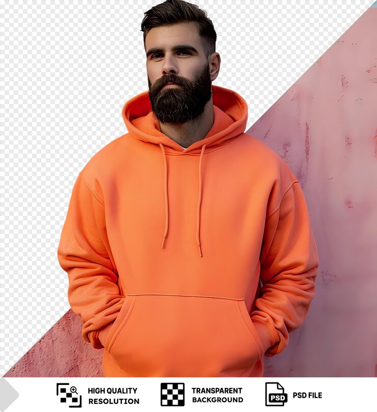 PSD premium de un joven barbudo con capucha naranja de pie cerca de la pared