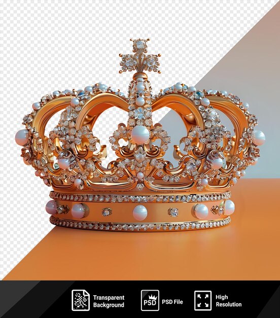 PSD premium de joyas de la corona expuestas en una mesa naranja contra una pared blanca png psd