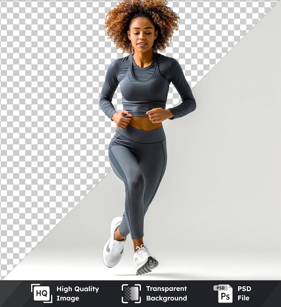 Premium de maqueta con atleta femenina corriendo piernas negras y grises cabello rizado cara sonriente con