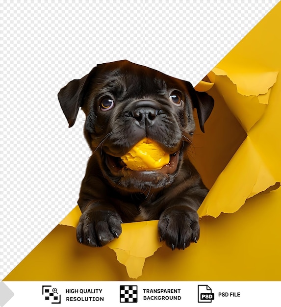 Premium de mastiff cachorro con sombrero de verano come helado y mira a través de un agujero en papel amarillo