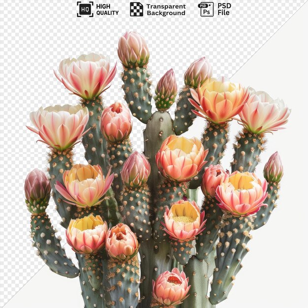 PSD premium of blooming cacti collection on transparent background featuring pink yellow and red flowers with a green cactus in the foreground